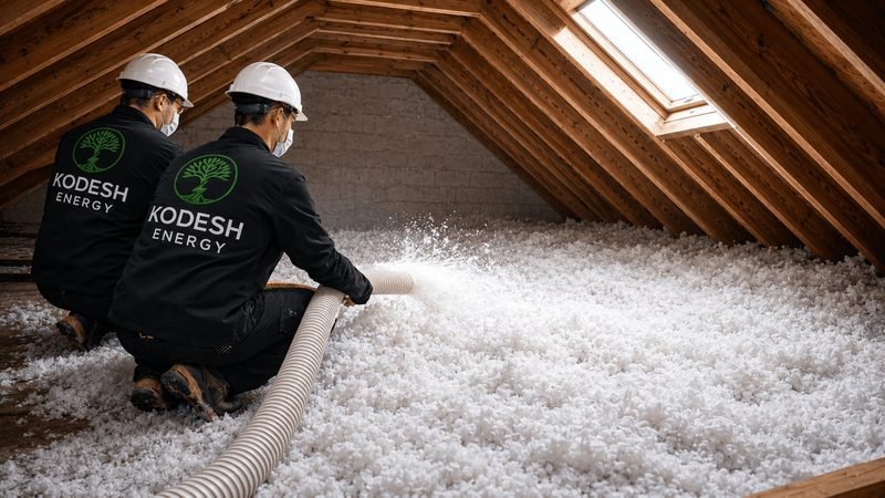 Operarios de Kodesh Energy insuflando aislamiento en una buhardilla